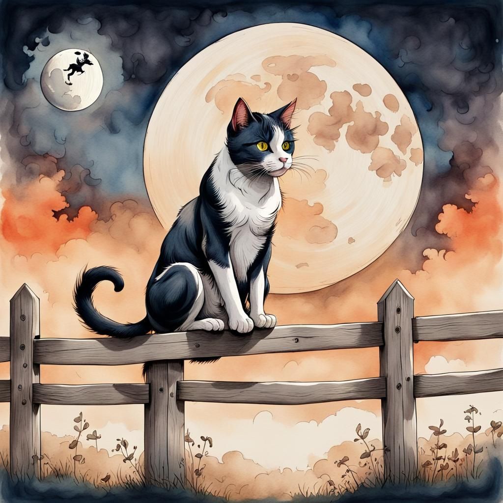 Cartoon Cat and Cow Leap Over the Moon