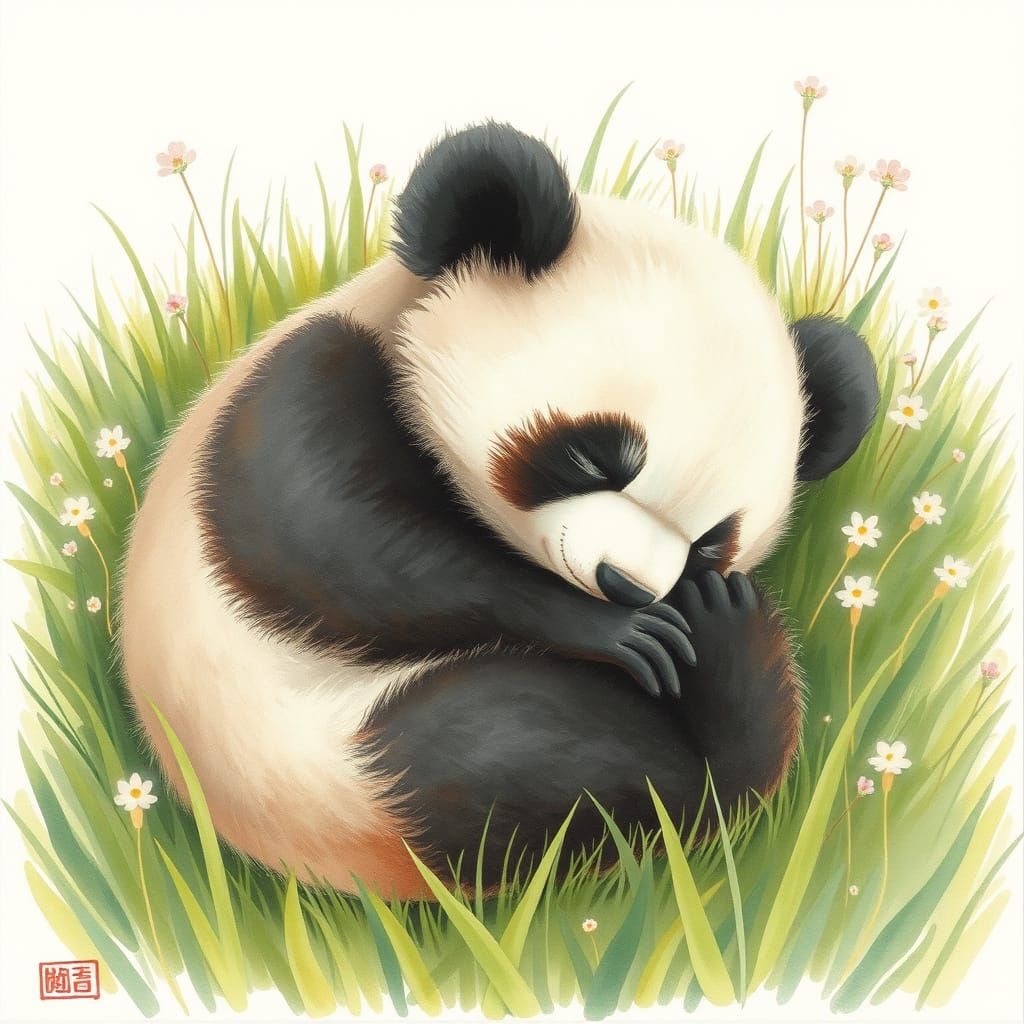 Sleeping Baby Panda in Whimsical Nature Scene