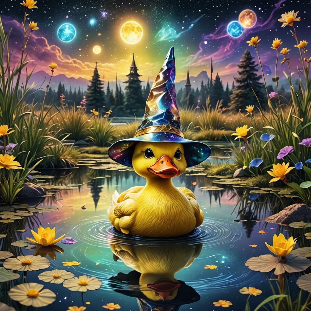 Duckling Wizard at Pond: Astral Illustration