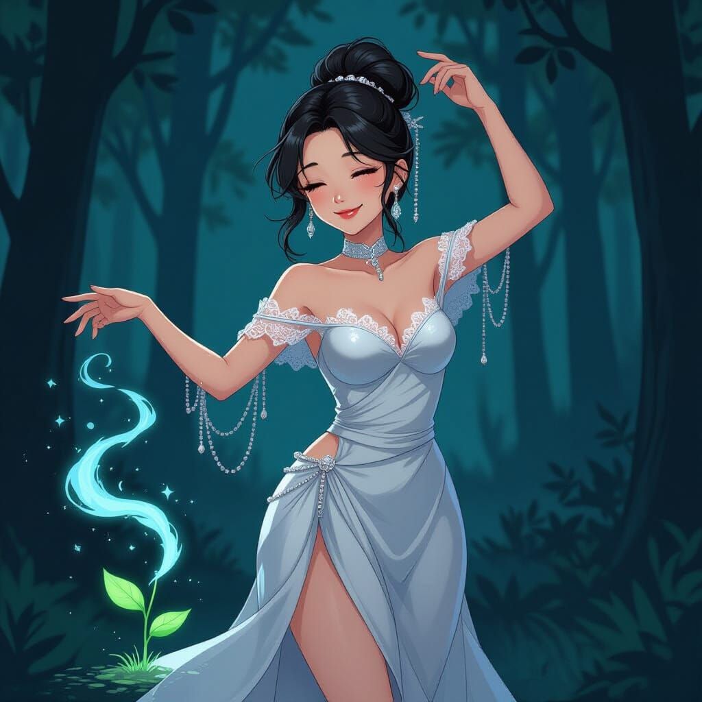 Sorceress Dancing in Dark Forest, Magical Sprout Blooms