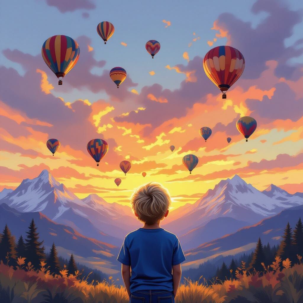 Boy Watches Hot Air Balloons at Sunset Over Mountains