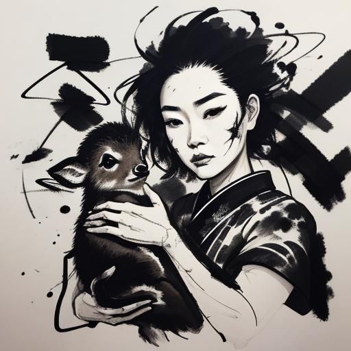 Woman Holding Deer: Expressive Ink Gesture Drawing