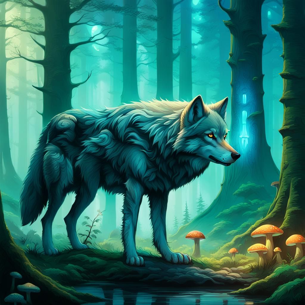 Ethereal Wolf in a Lush Forest Landscape