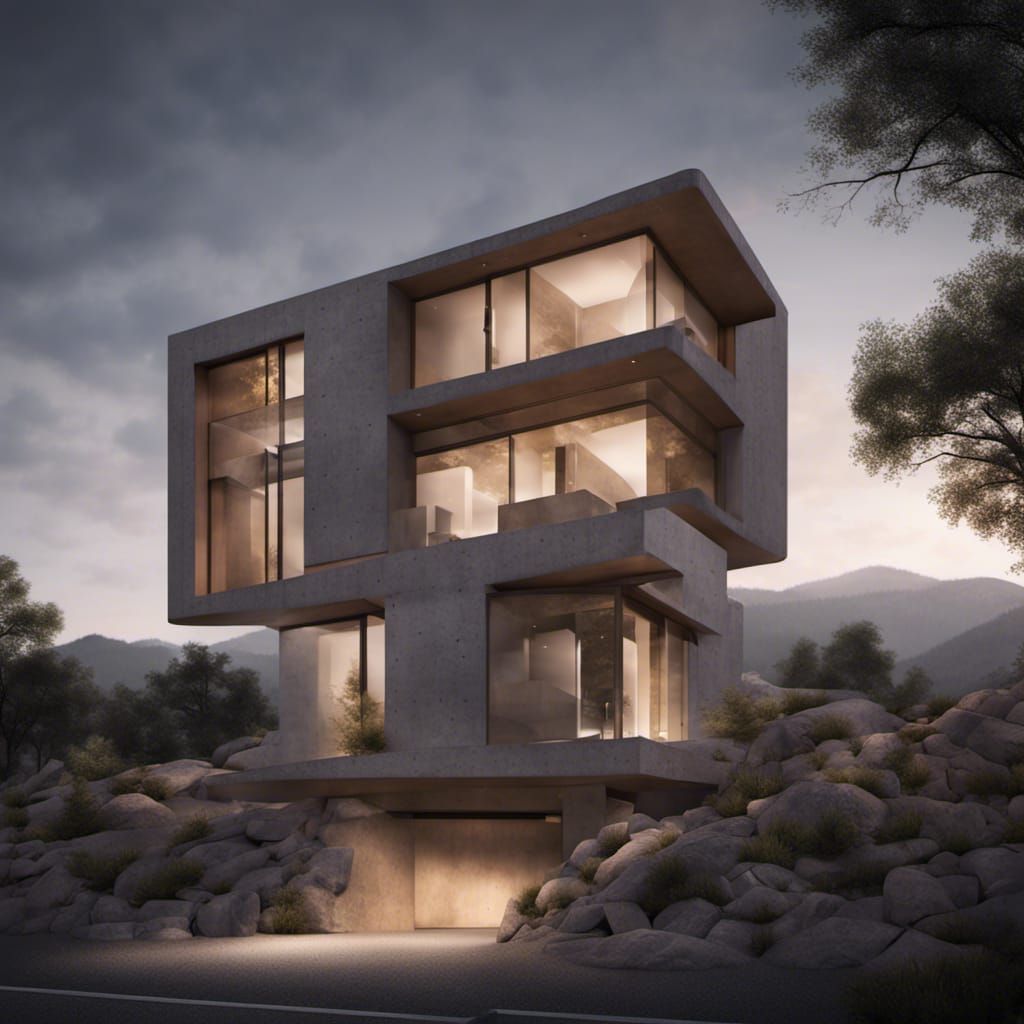Modernist Concrete House Merging with Rocky Mountainside