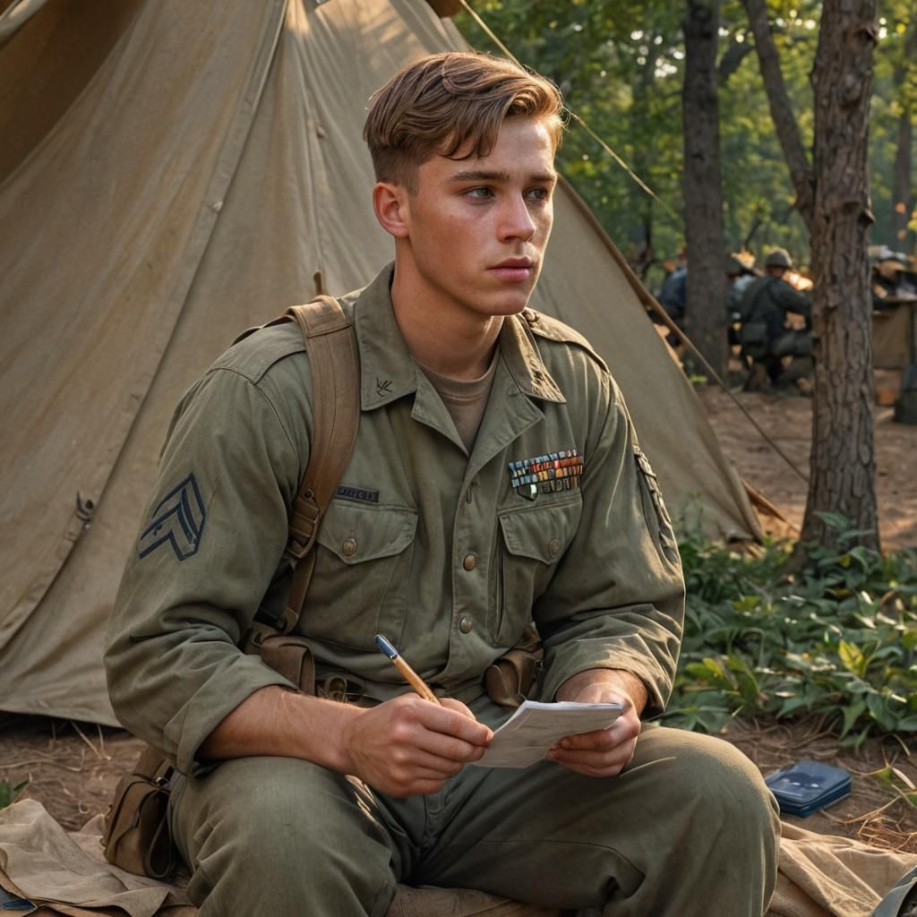 WWII Soldier Writing Letter in Golden Light, Digital Paintin...