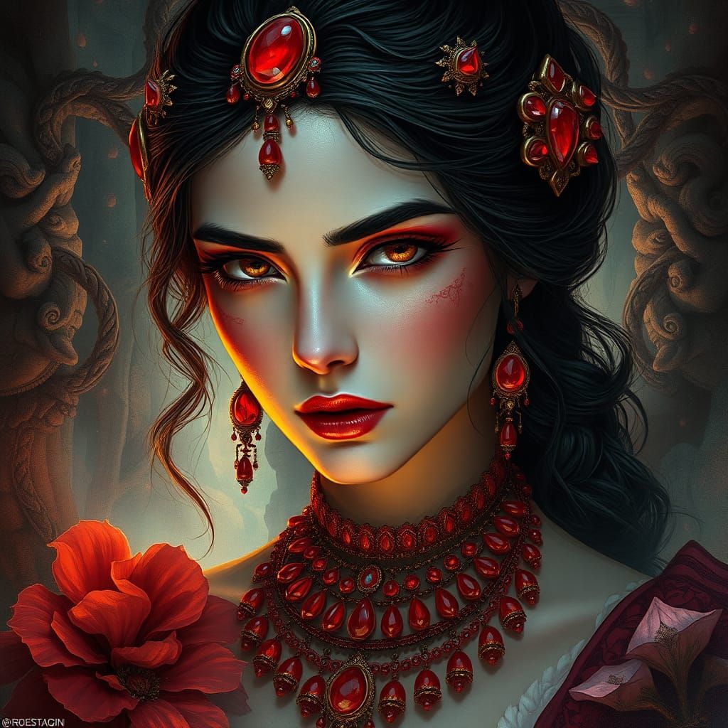 Mystical Woman with Red Jewels: Surreal Matte Painting