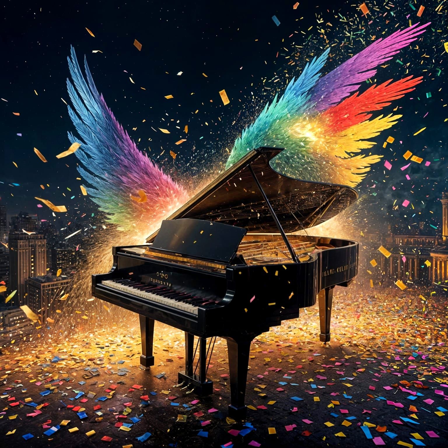Winged Piano Soars Through Confetti Storm