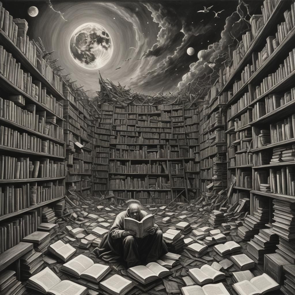 Charcoal Moon of Books Over Fallen World