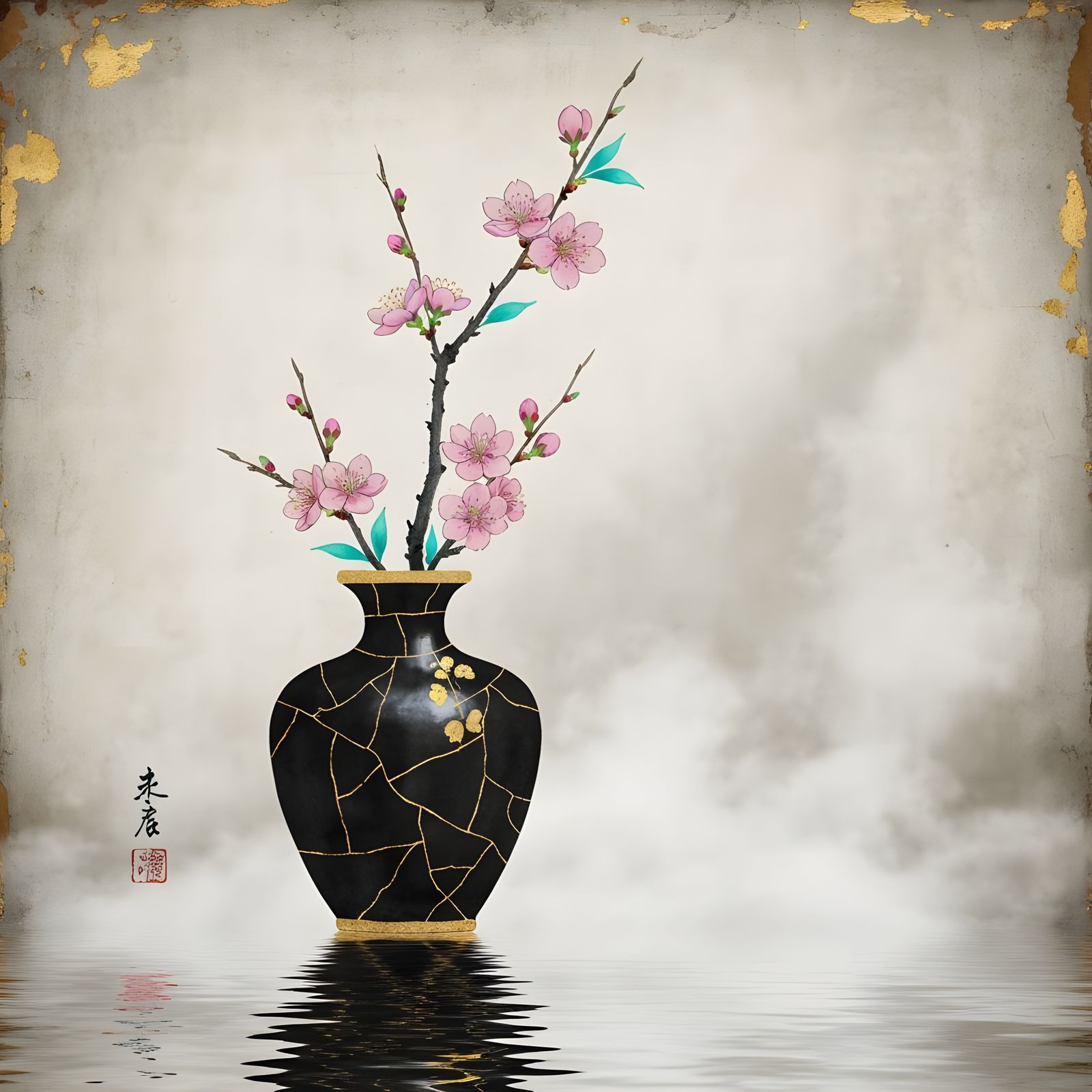 Cherry Blossoms in Cracked Porcelain Vase, Sumi-e Style