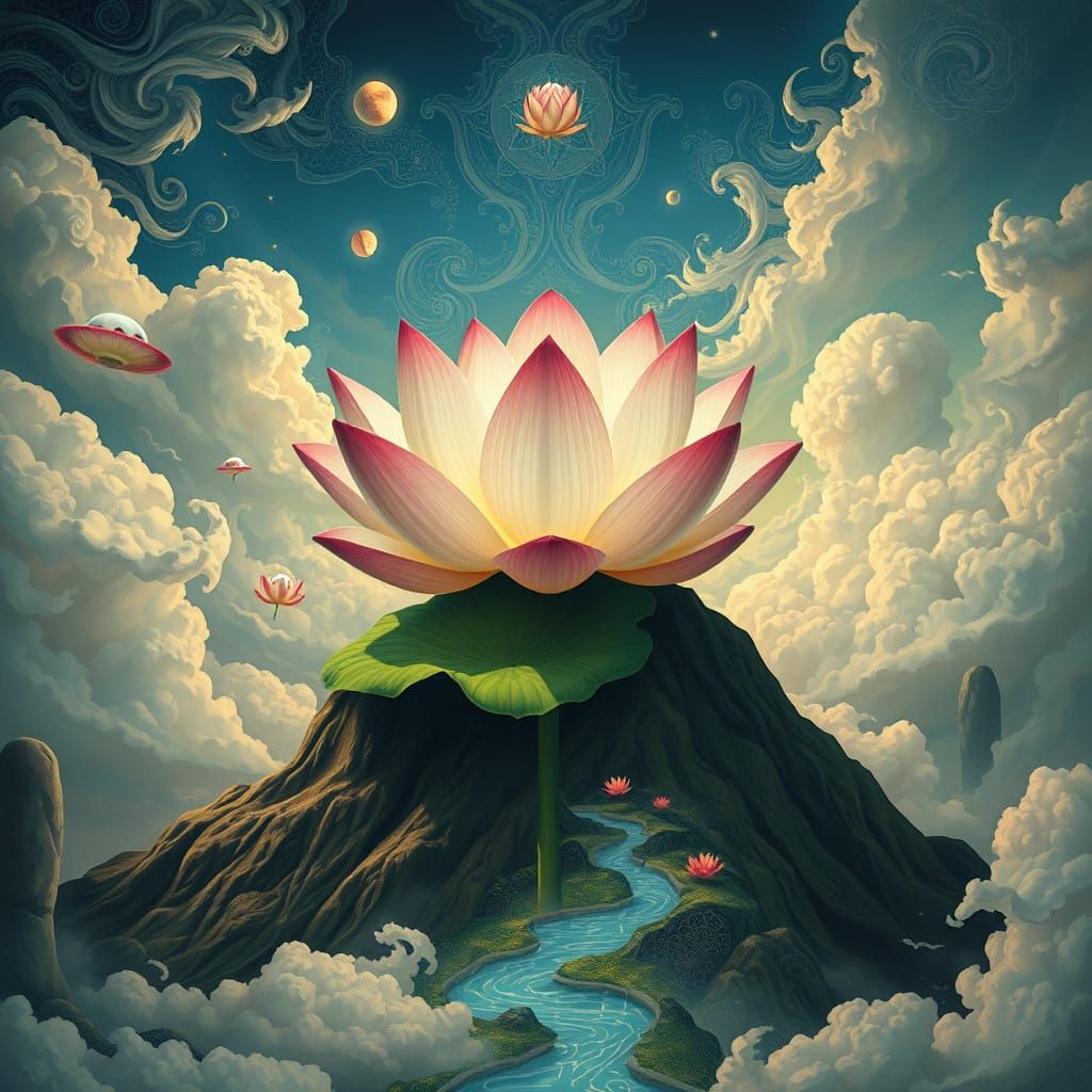 Ethereal Lotus Ascends the Dreamlike Mountainscape