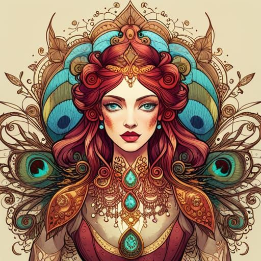 Steampunk Peacock Princess with Golden Outlines