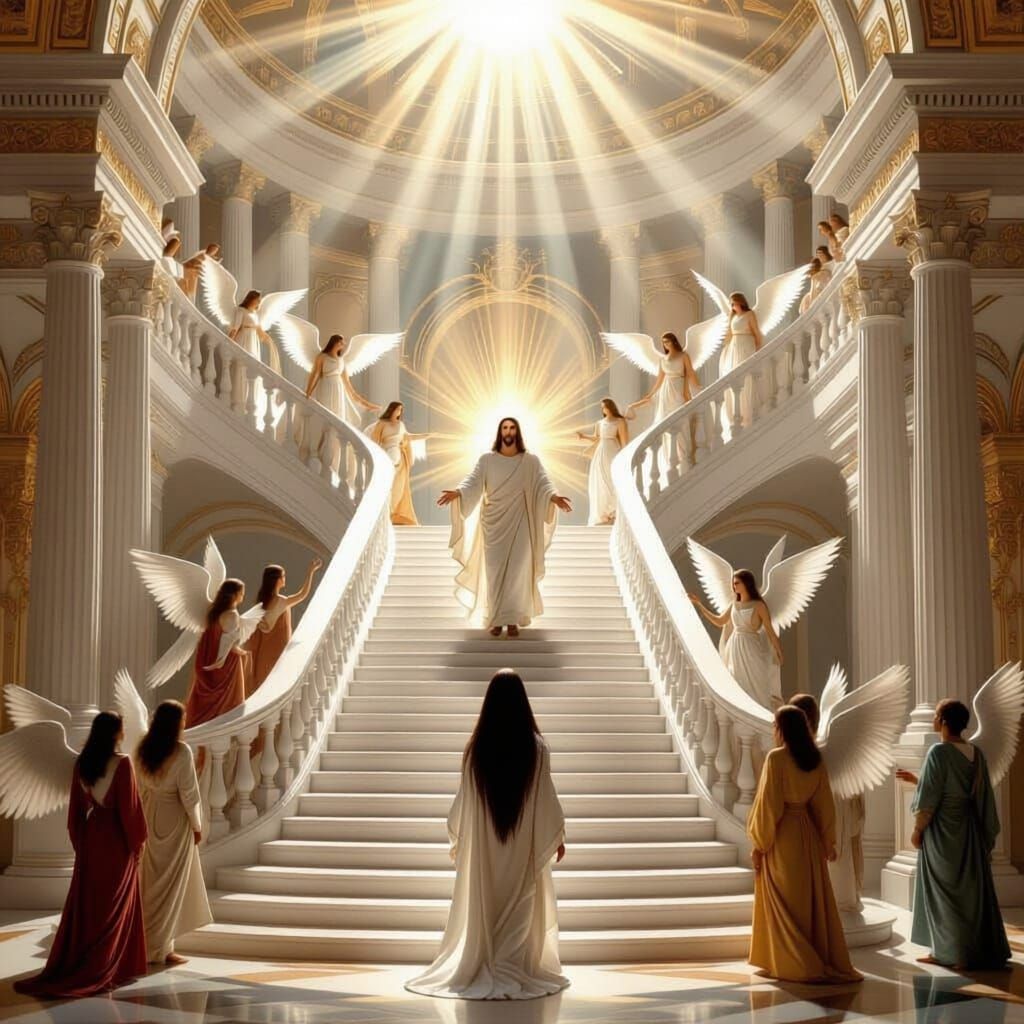 Jesus Descends Grand Staircase with Angels