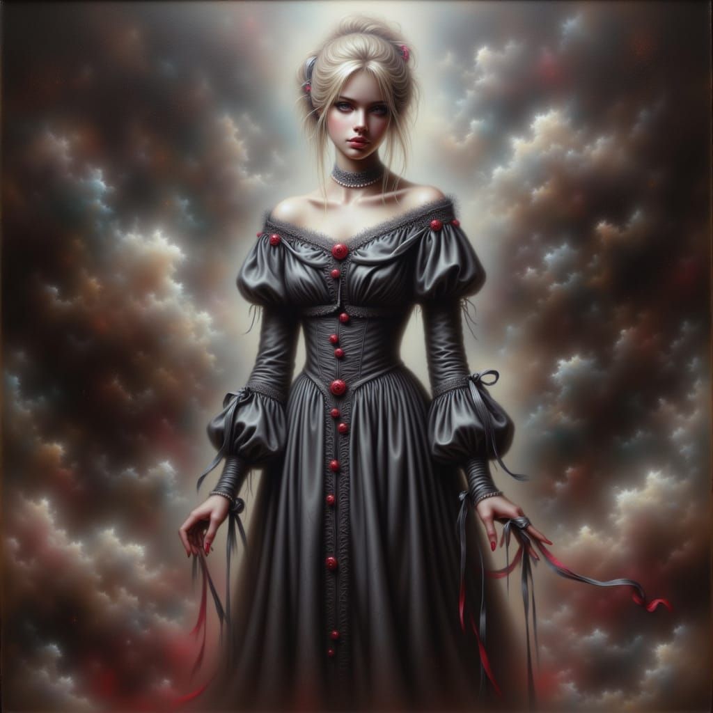 1874 Era Blonde Woman in Red Accents and Volumetric Light