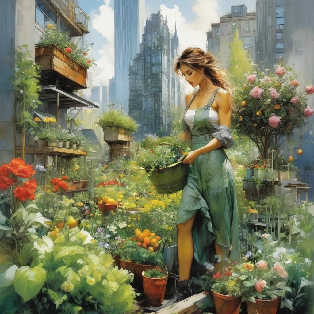 Woman Gardening in Urban Oasis Anime Style