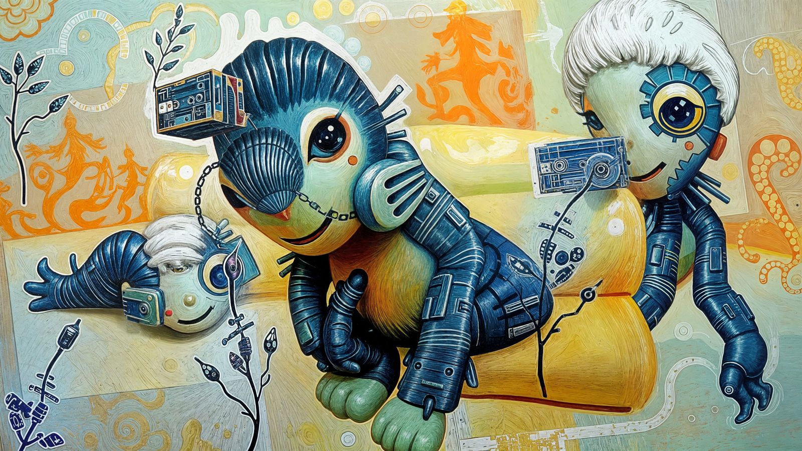 Neo-Primitive Futurism in Vibrant Iridescent Art