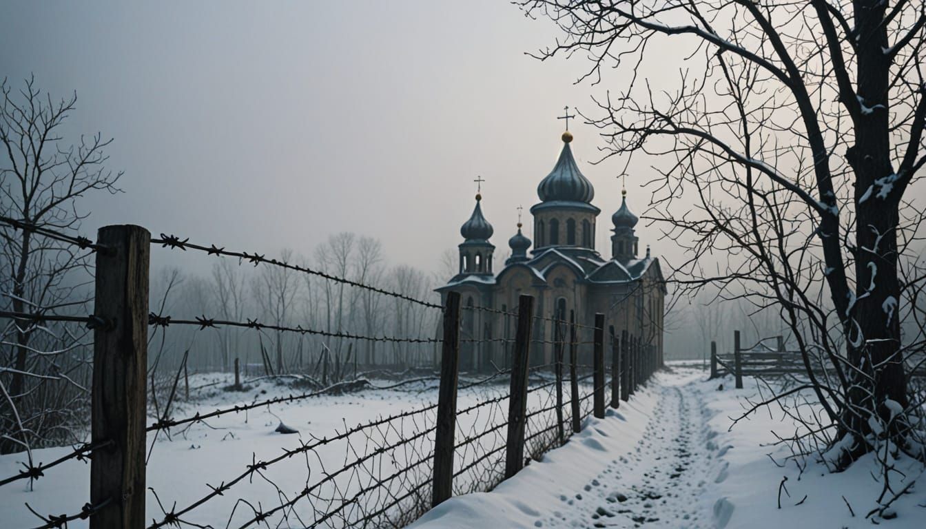 Surrealist Ruins of Orthodox Monastery in Winter