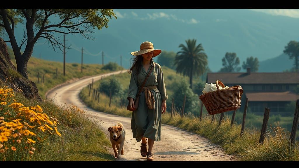 Peasant Woman Walks Country Road in Detailed Matte Painting