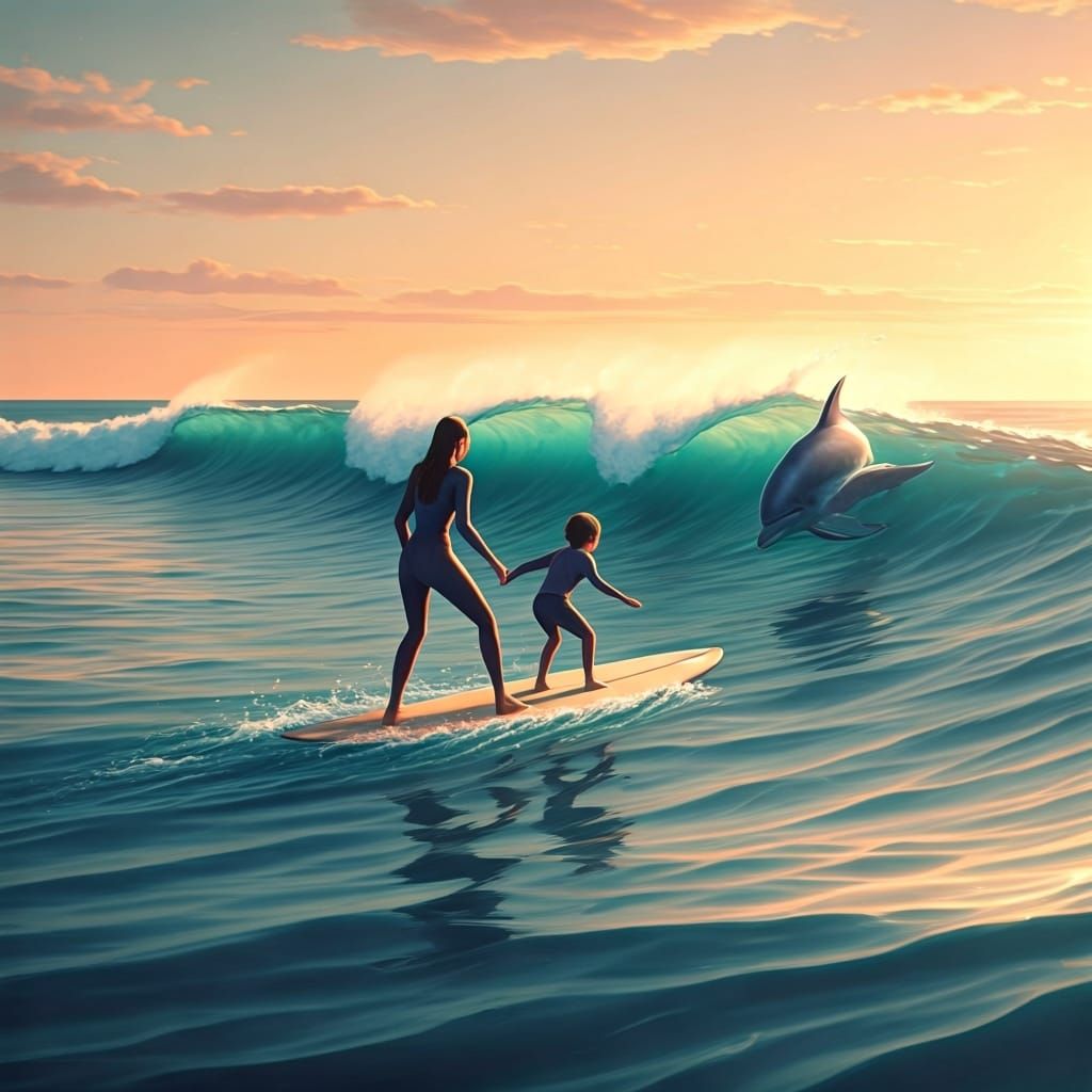 Sunset Surf with Origami Dolphins in Papercraft Style