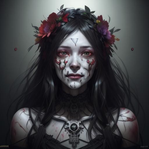 Horror Skull with Smiling Flowers and Brains