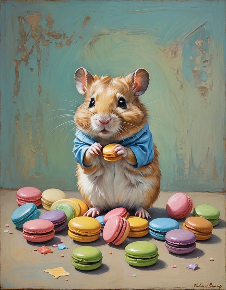 Hamster in Macaron Parlor: Oil Painting Style
