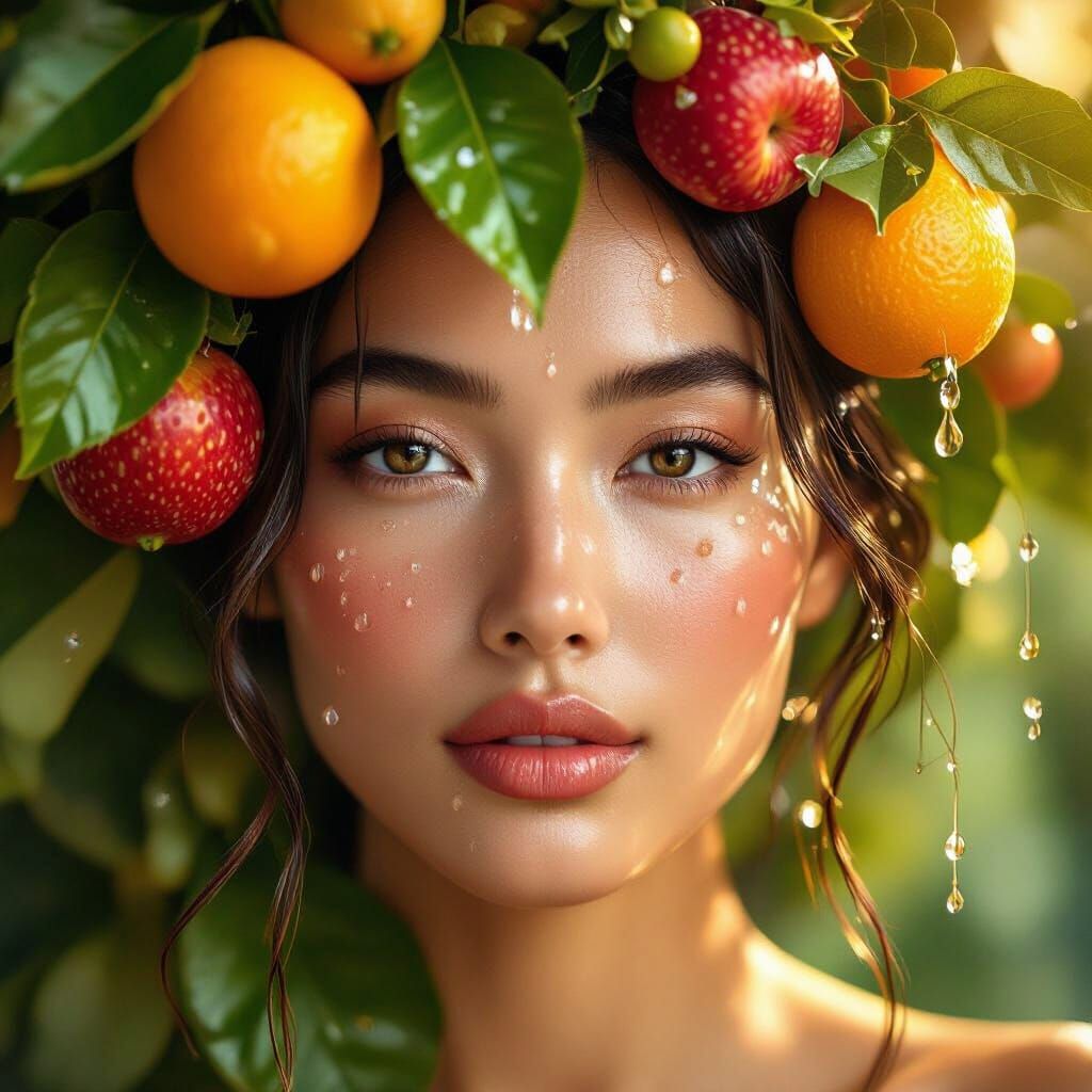 Serene Face With Fruits, Leaves, and Water Droplets