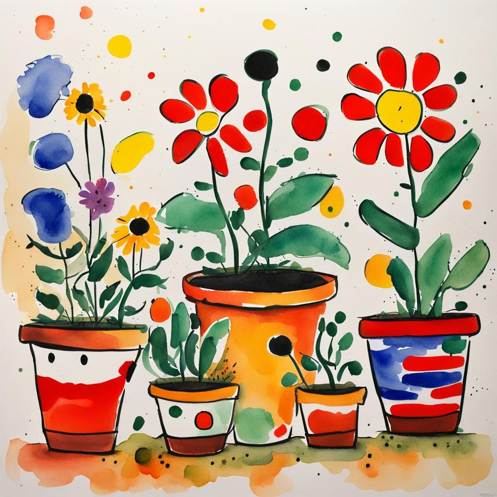 Flowers in Pots: Impressionist Watercolor Zoo Scene