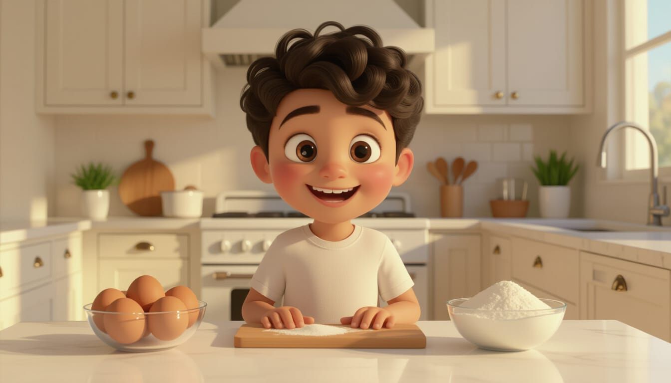 Pixar-Style Animation of Cheerful Boy in Modern Kitchen