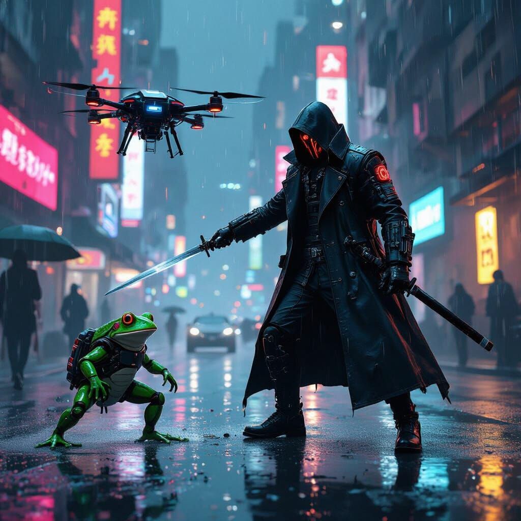 Cyberpunk Samurai Smashes Drone in Rainy City