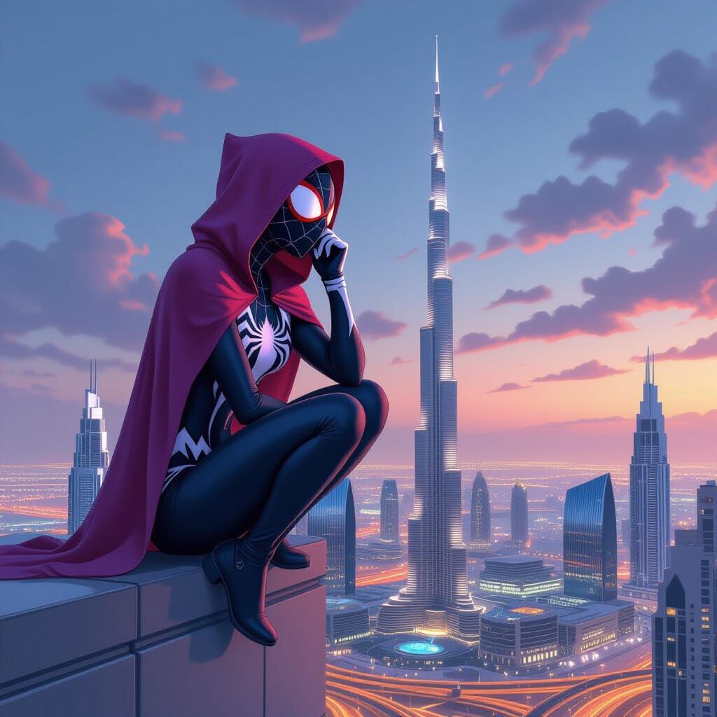 Spider-Gwen Perched Atop Dubai Skyscraper in Comic Book Styl...