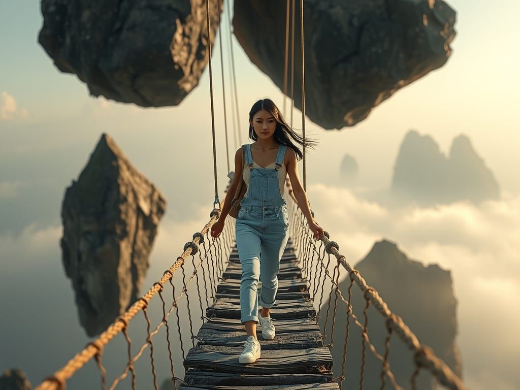 Woman Crosses Rickety Rope Bridge to Floating Islands