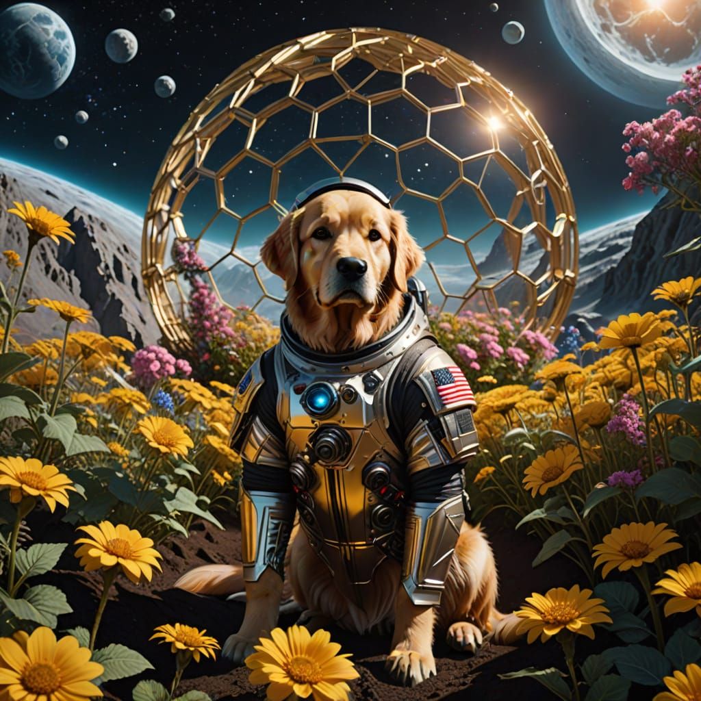 Golden Retriever in Moon Geodesic Dome Blooms
