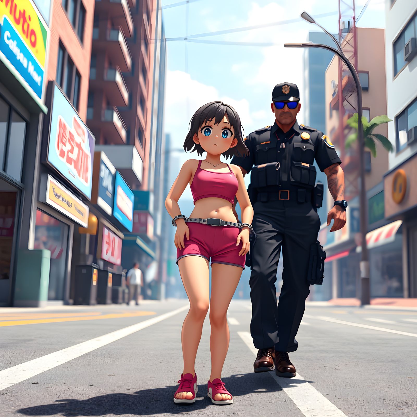 Shizuka from Doraemon hand cuffed in pink tube top and shorts by a black police officer in gta san Andreas theme