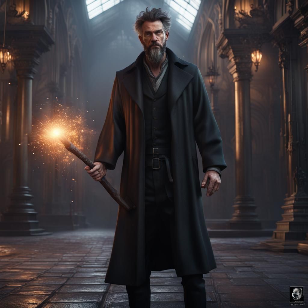 Modern Wizard Private Investigator with Magic Staff