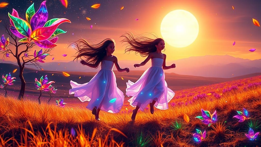 Girls Run Through Bioluminescent Storm in Futuristic Landsca...