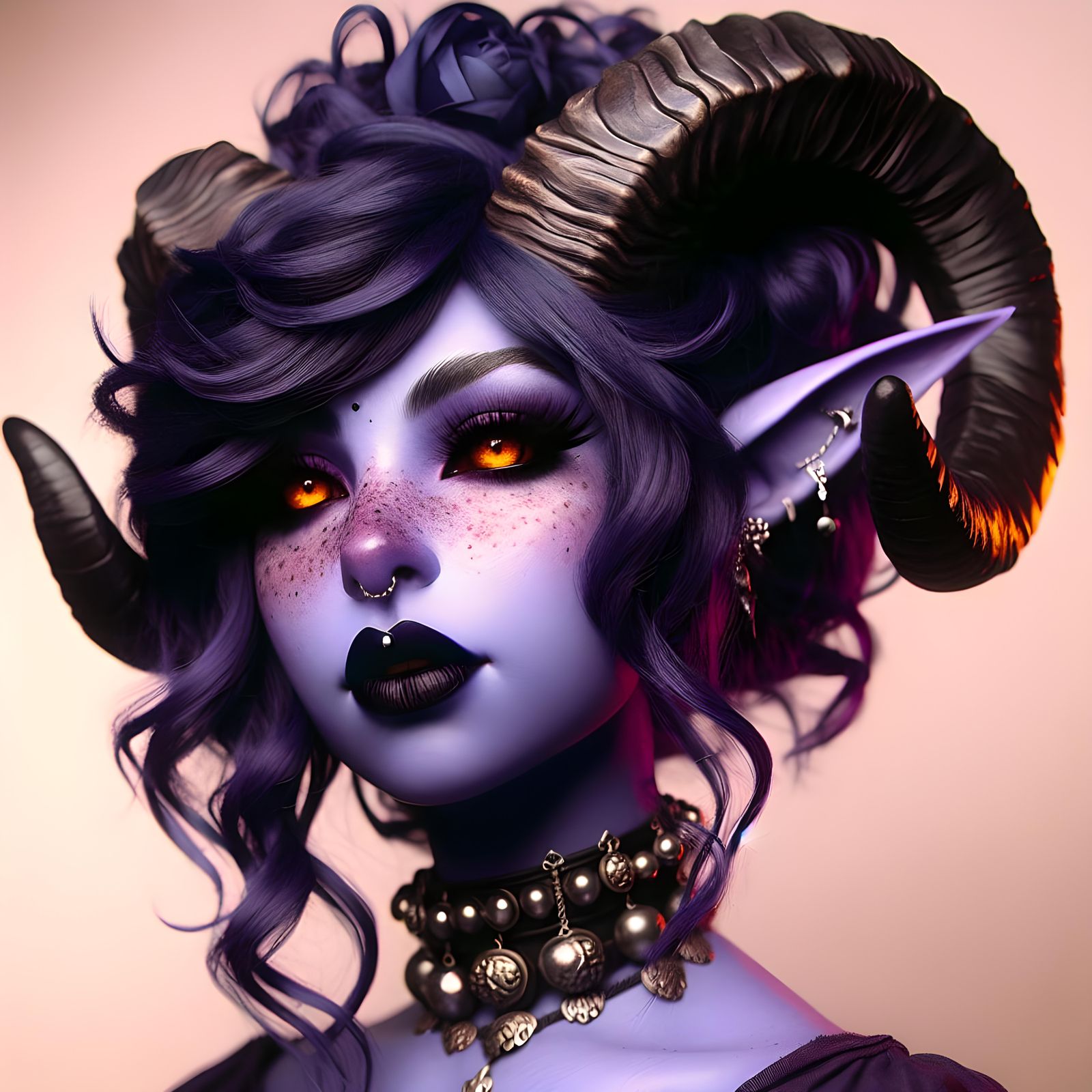 Tiefling Woman with Ram Horns in Festive Scene