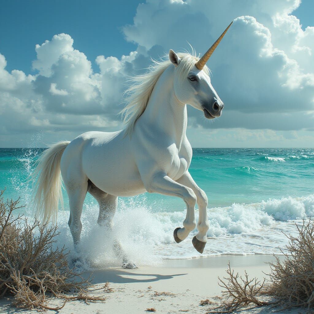 Unicorn Prancing on Gulf Coast Beach in Digital Painting Sty...
