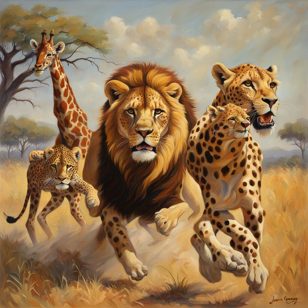 Epic Lion Battle: Oil Painting of Lion vs Cheetah