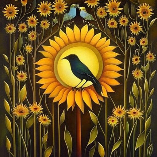 Sunflower and Bird at Sunset, Illustrative Art