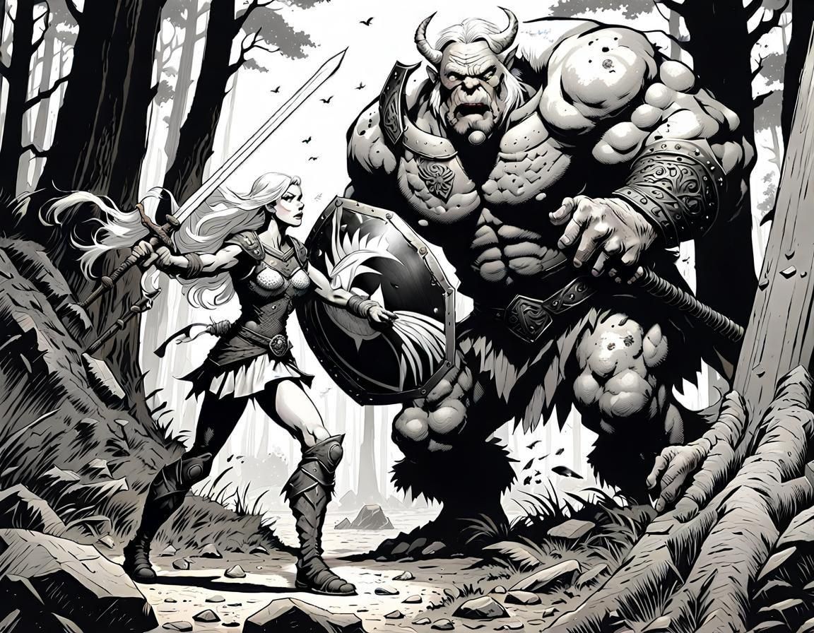 Amazon Warrior Confronts Ogre in Comic Art Style
