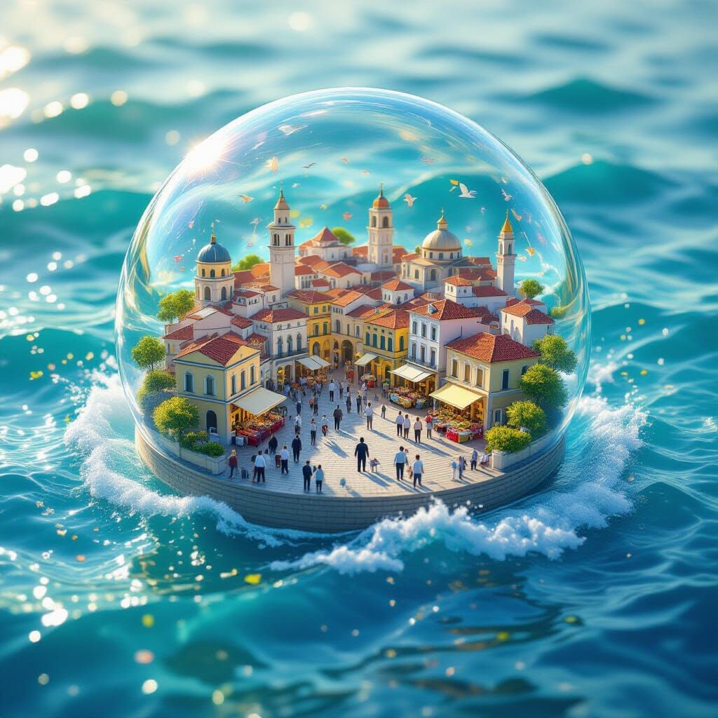 Miniature City Inside Bubble Floating Over Ocean