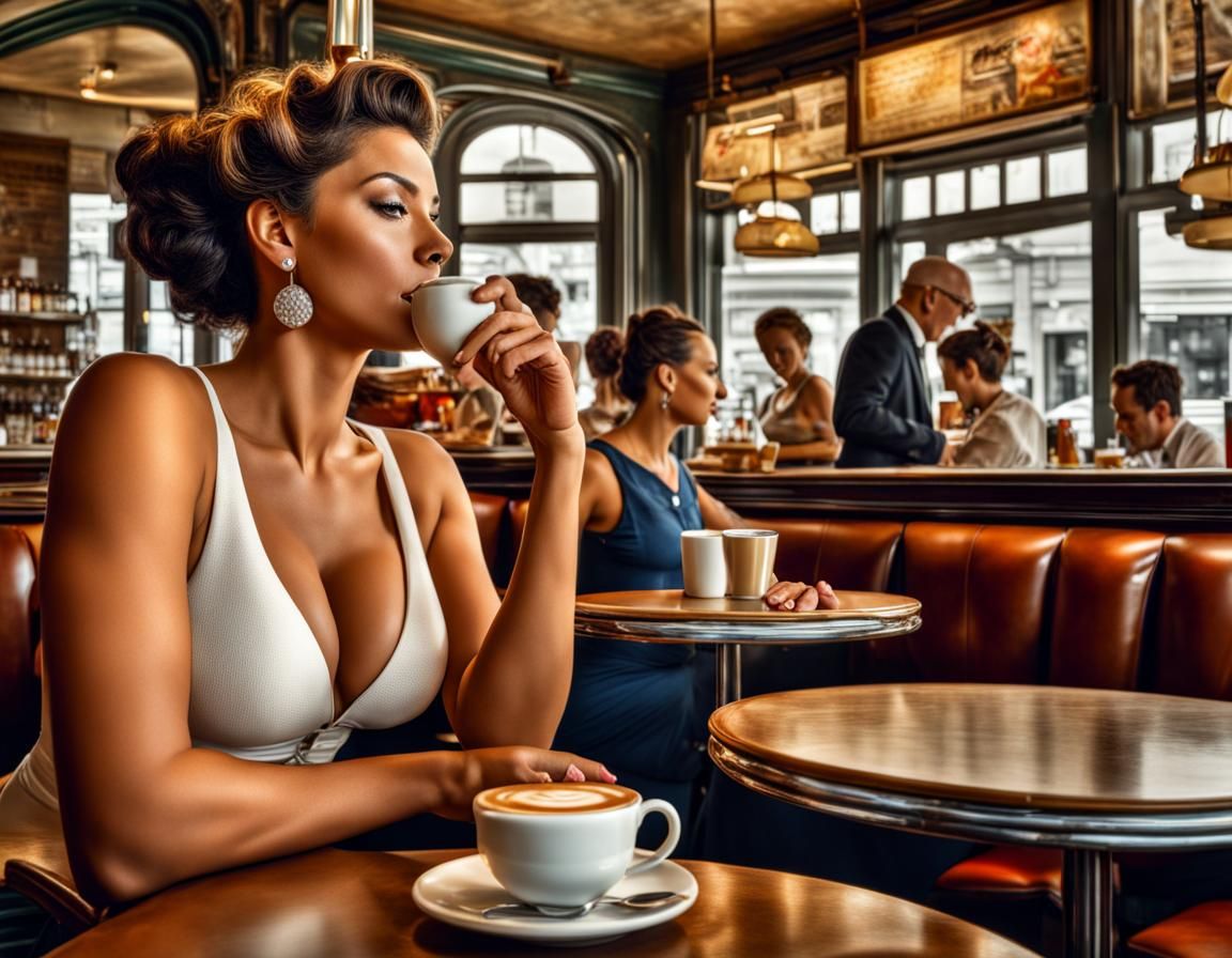 Curvy Woman in Cafe as Rockwell-esque Painting