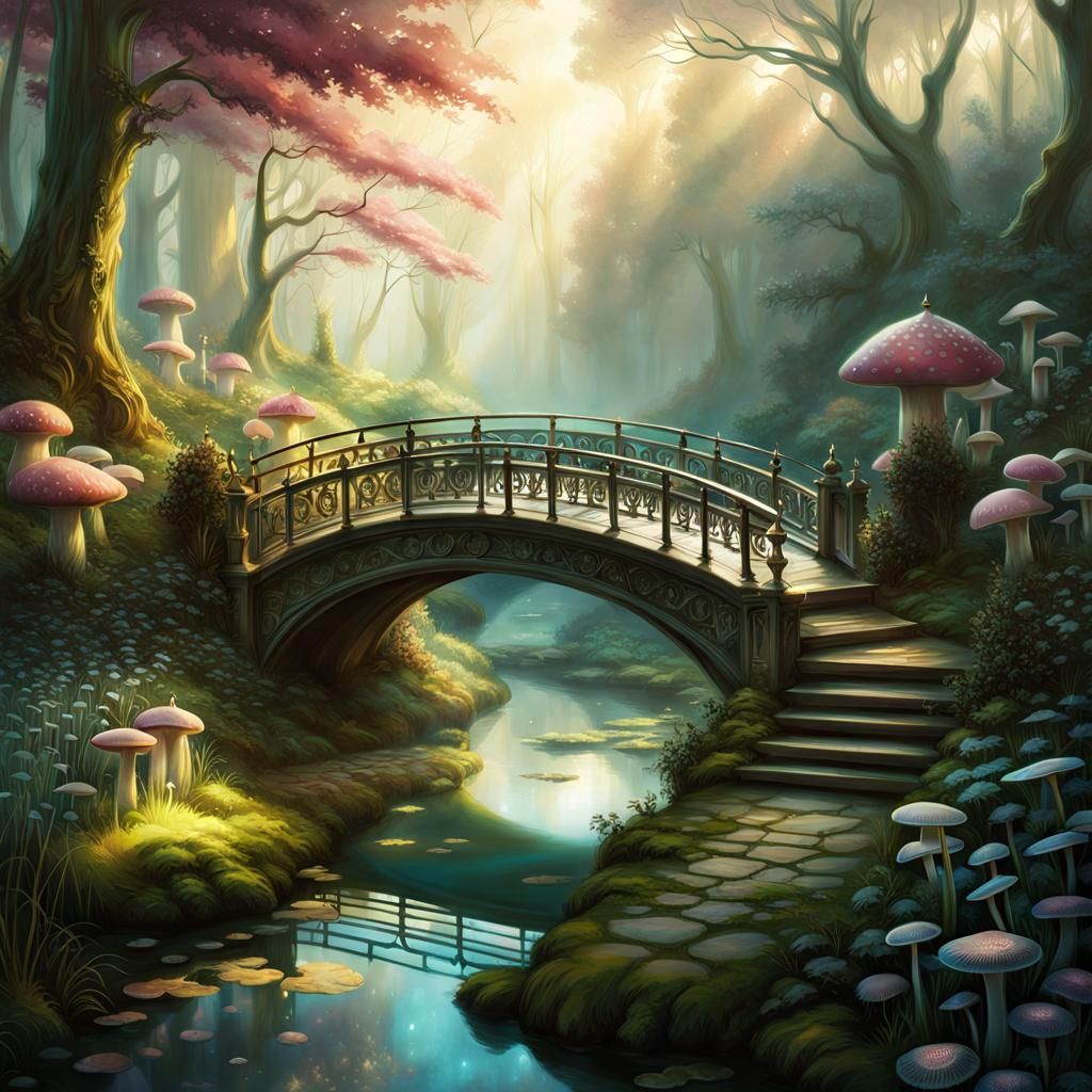 Misty Dawn Bridge to Fairyland in Rococo Gardens