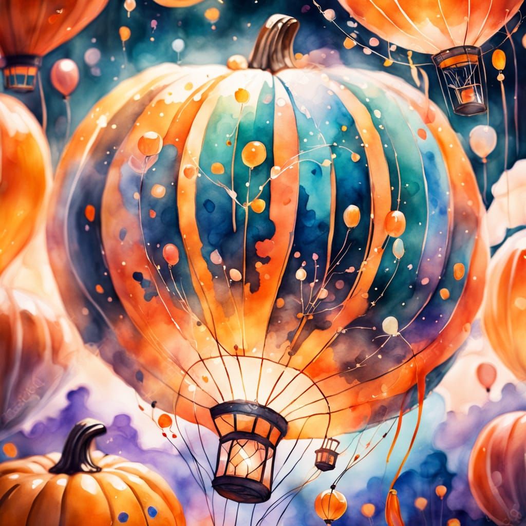 Whimsical Pumpkin Balloon in Watercolor Style
