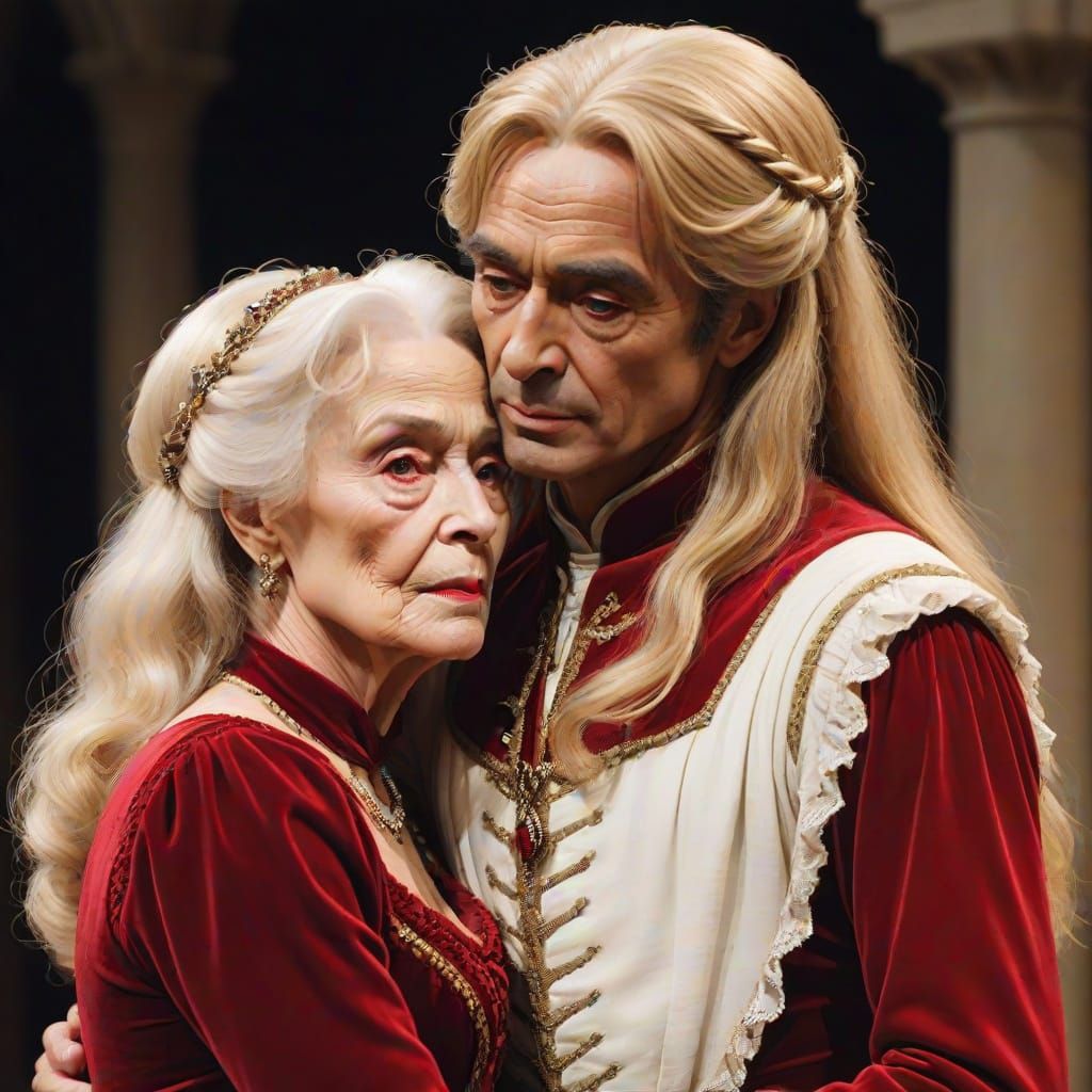 Elderly Juliet in Renaissance Dress Embracing Romeo
