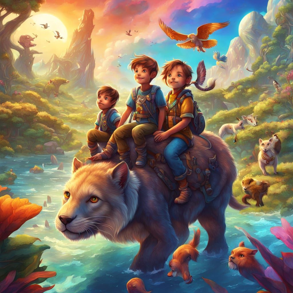 Children and Animals Coloring Book Cover: Fantasy Art