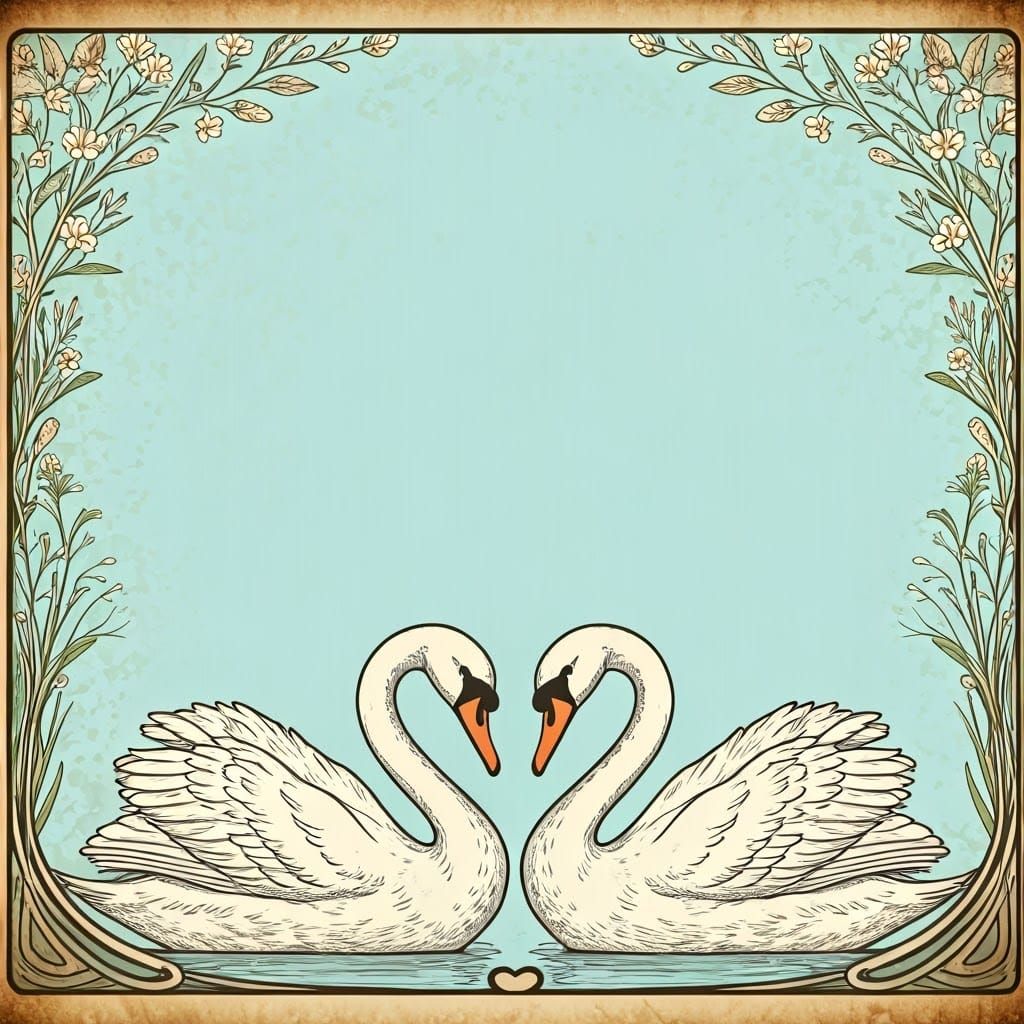 Elegant Art Nouveau Stationery with Swans and Wildflowers