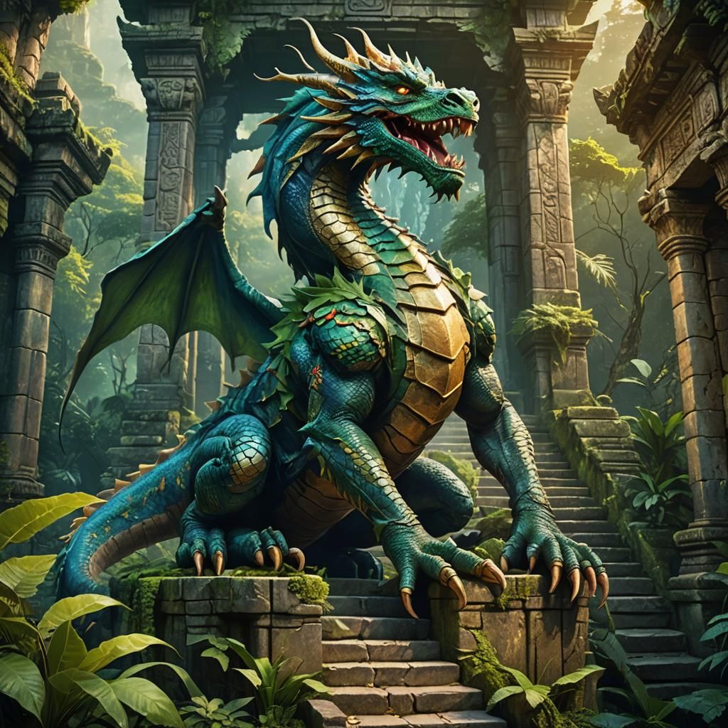 Majestic Dragon Overlooking Jungle Temple Ruins