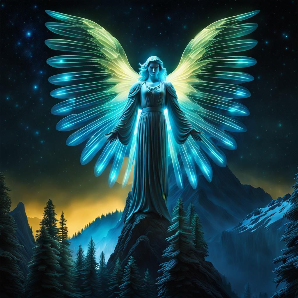 Bioluminescent Angel Over Mountain at Night