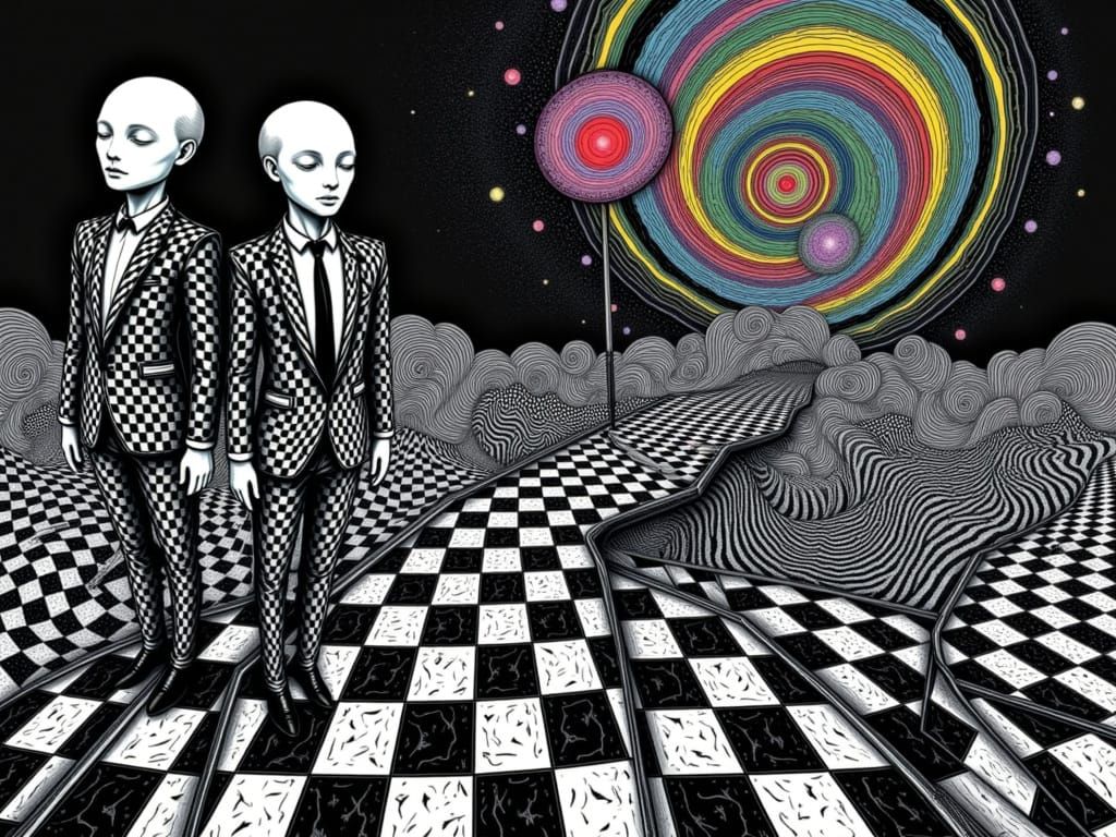 Alice, Neo, and the White Rabbit in Escher Klimt Style