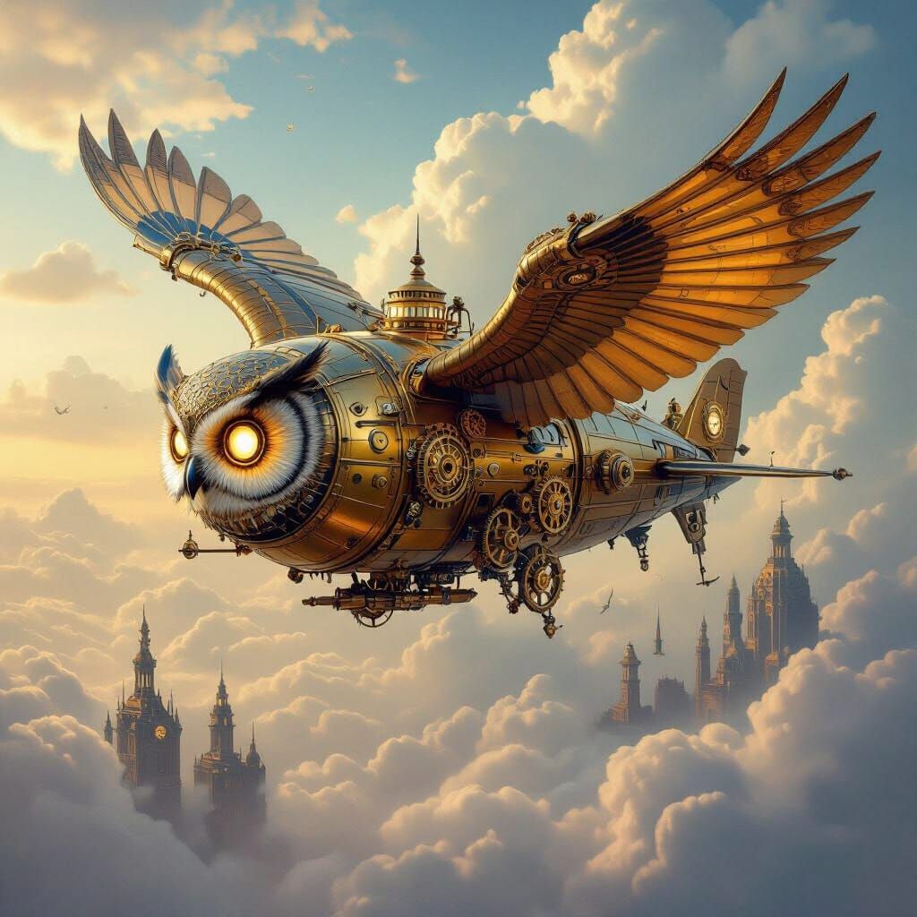 Steampunk Owl Airship Soaring Through Clockwork Cities